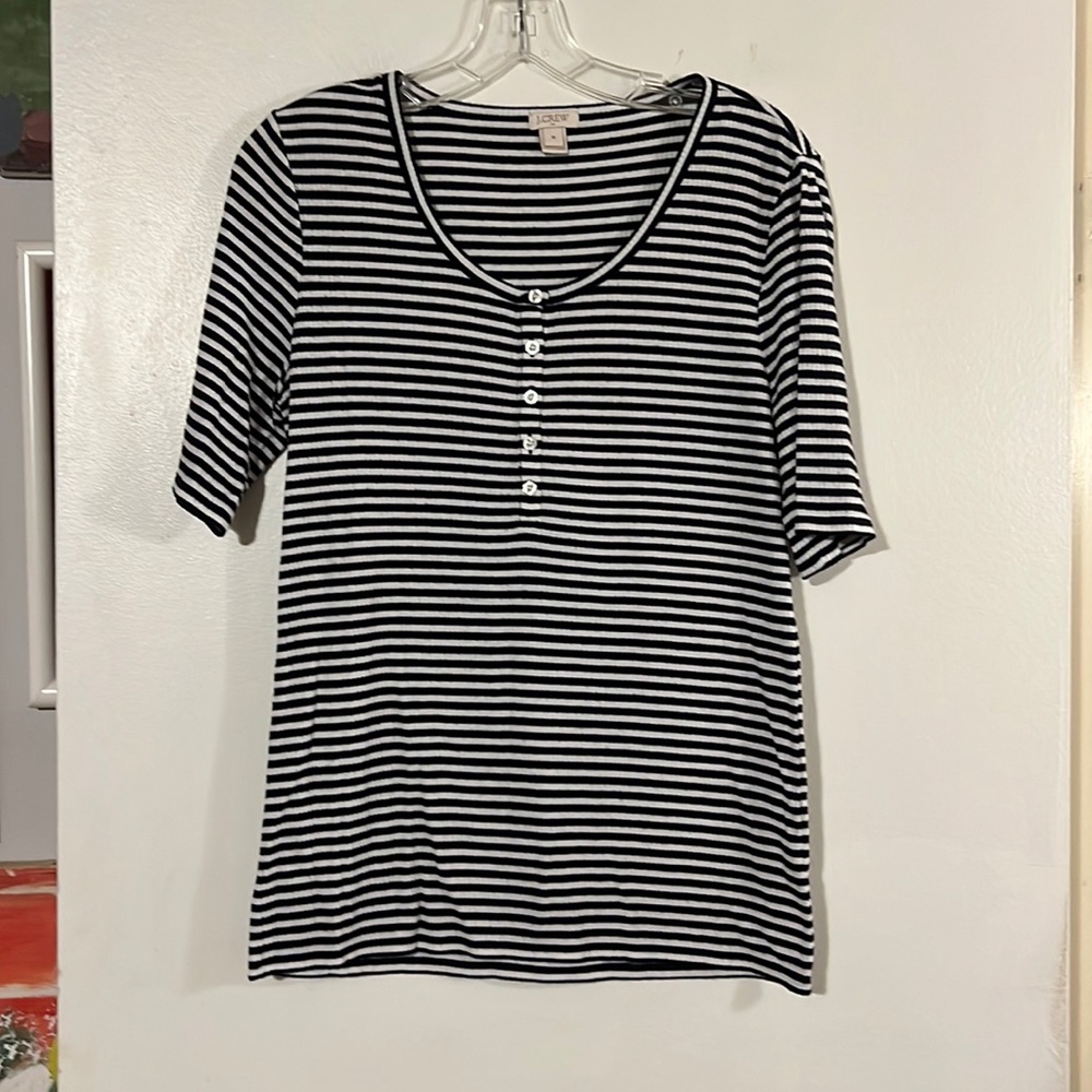 J. Crew black/white short sleeve shirt round neck with Henley button detail